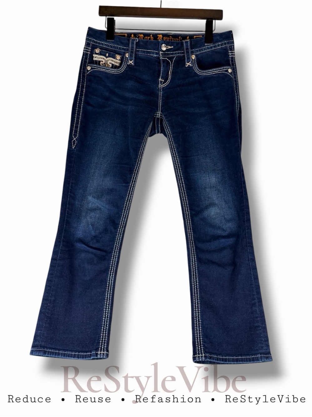ROCK REVIVAL Women’s Size 28 Denim Jeans Crop Style Embellished Bling Stretch